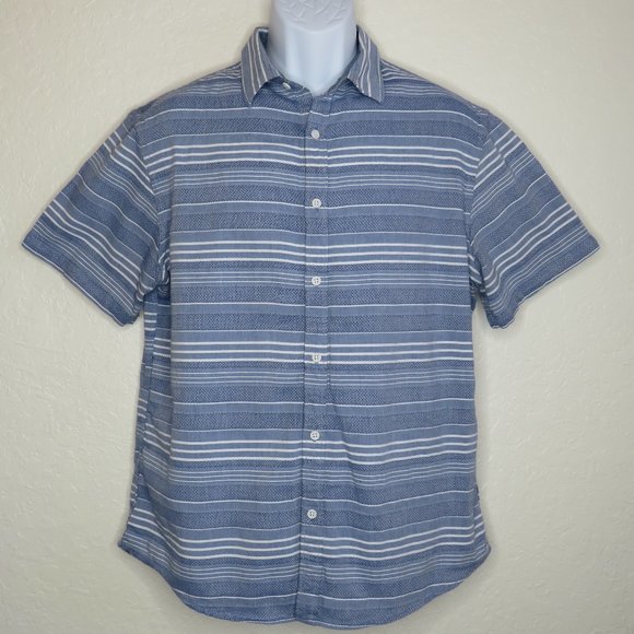 Old Navy* Men's Short Sleeve Button Down Curved Hem Stripe Shirt~ Size Large - Picture 1 of 10